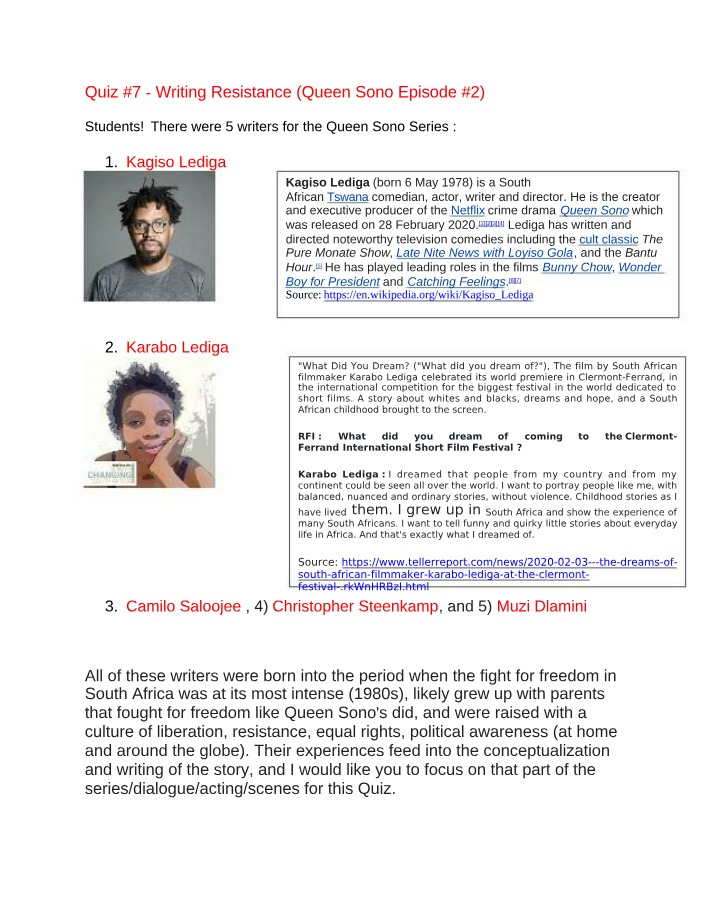 Writing Resistance - Quiz 7 (Queen Sono Episode 2)