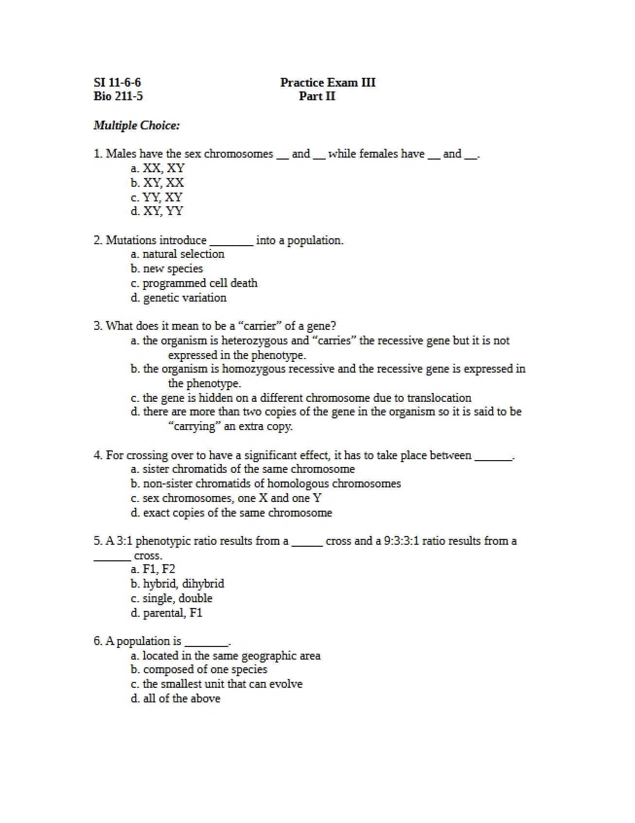 Third Practice Examination for Biology I - Prin of Biology I
