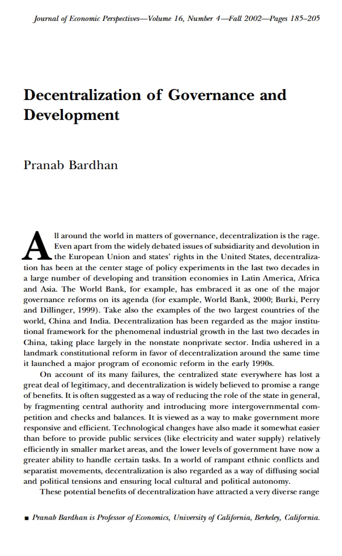 Impact of Governance Decentralization on Development