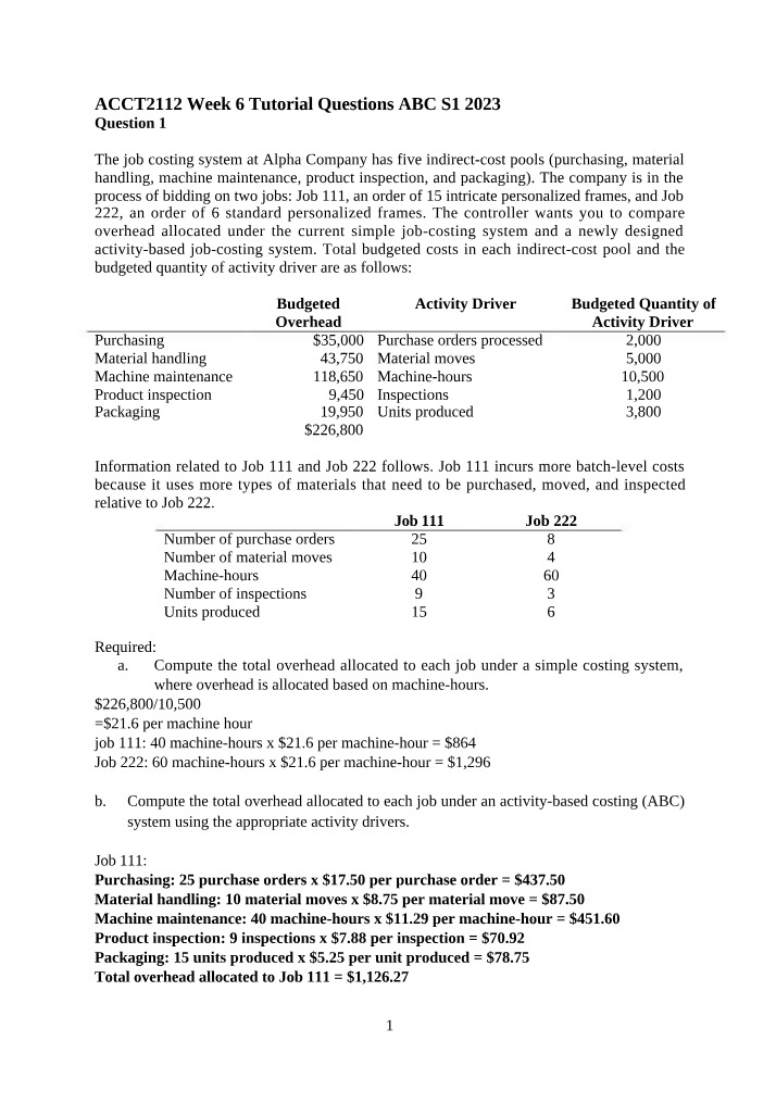 Week 6 Tutorial Questions for ACCT2112 Management Accounting
