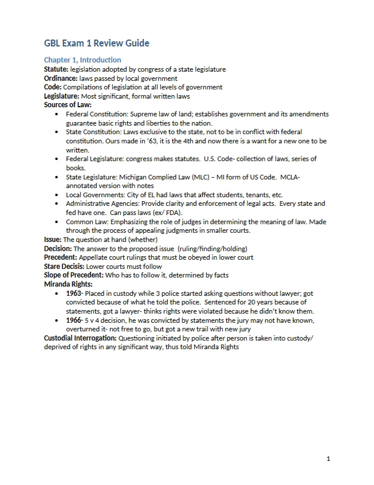 Review Guide for Exam 1