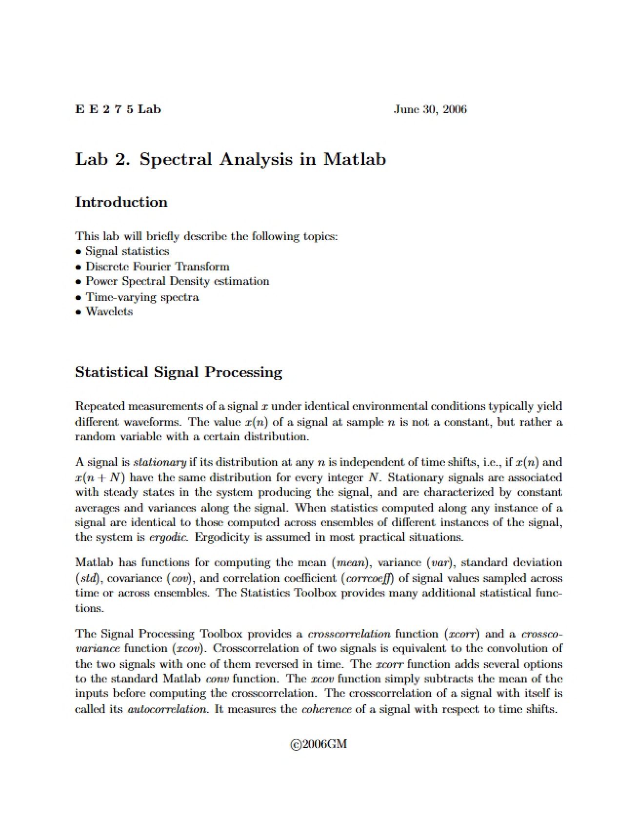 Lab Two Spectral Analysis in Matlab