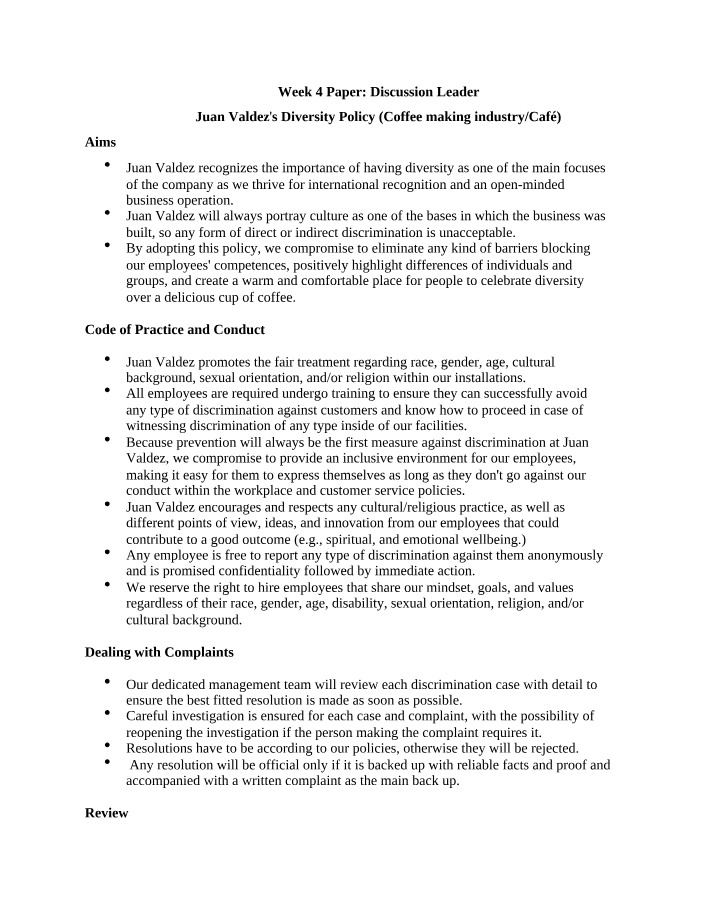 Juan Valdez Diversity Policy - Discussion Leader Paper