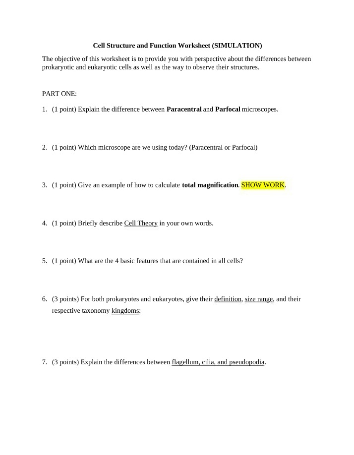 Worksheet on Cell Structure and Function