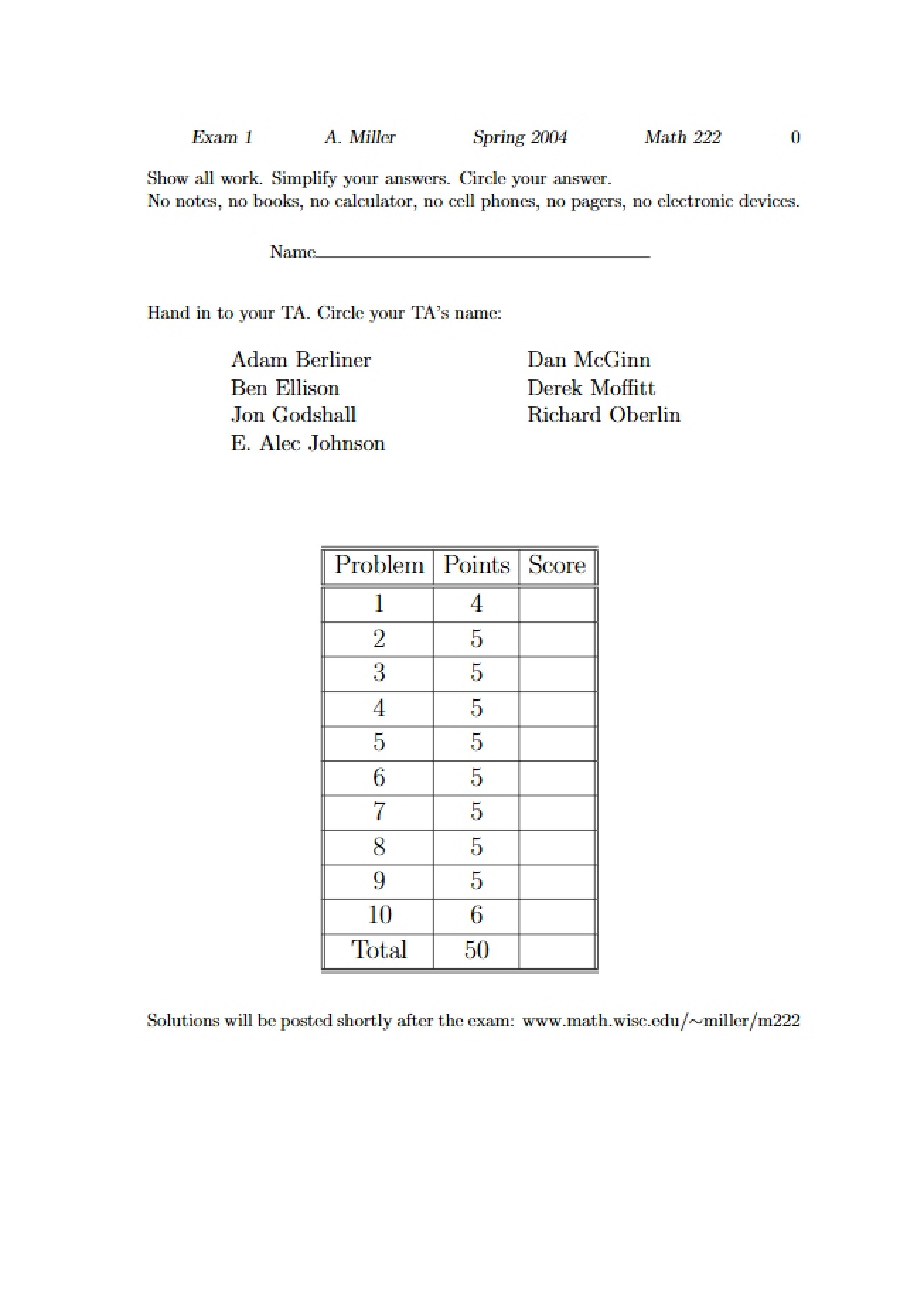 Exam One for Math 222