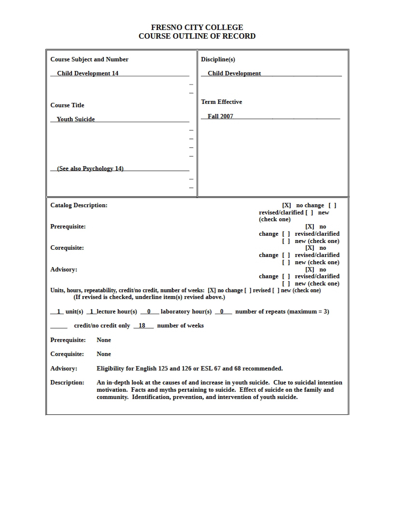 Youth Suicide Course Outline (ChDev 14)