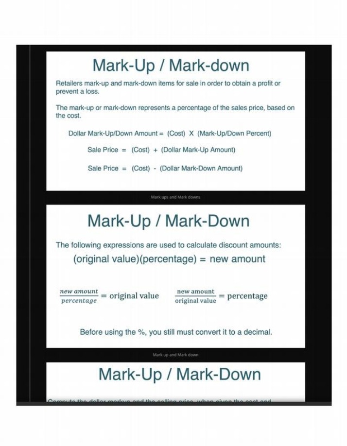 Formulas and Calculations for Mark-Up and Mark-Down