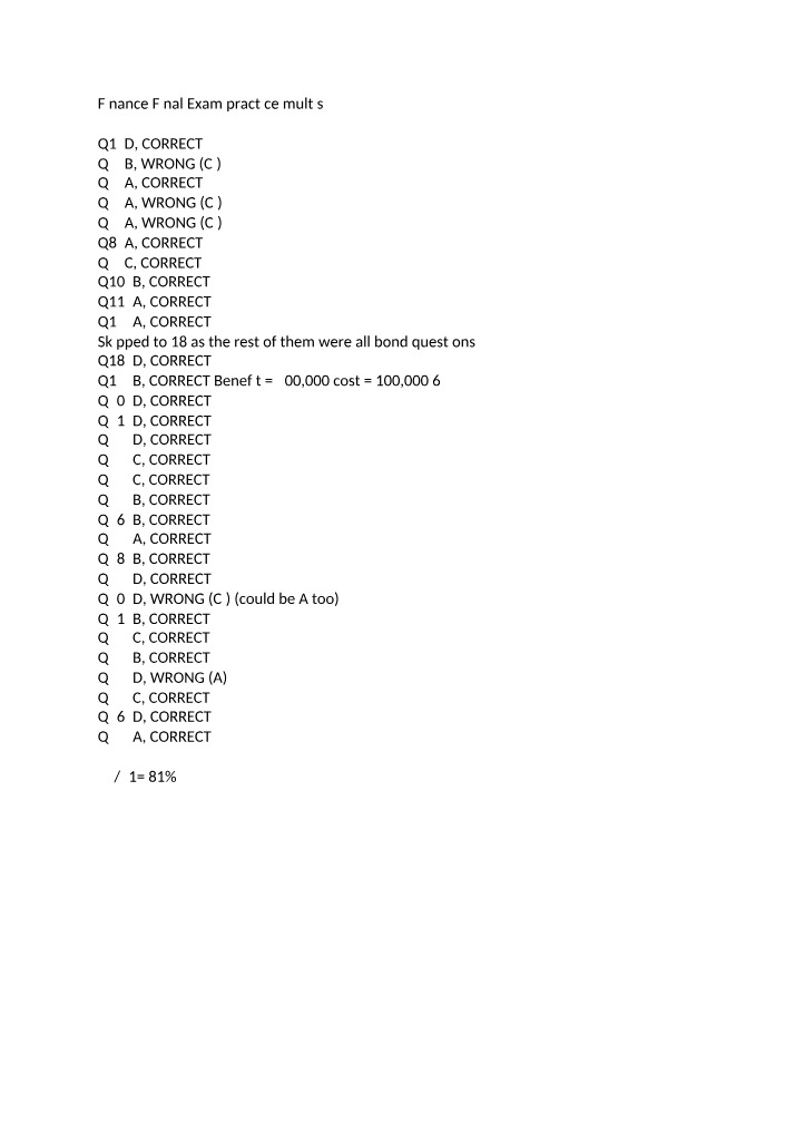 Practice Multis for Finance Final Exam