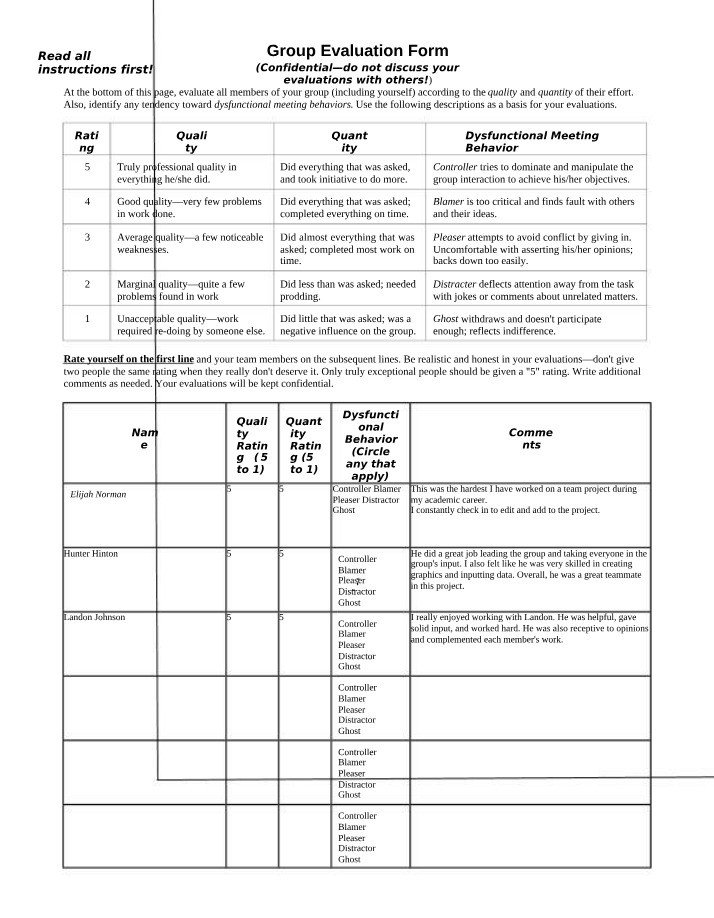 Environmental Economics Group Evaluation Form