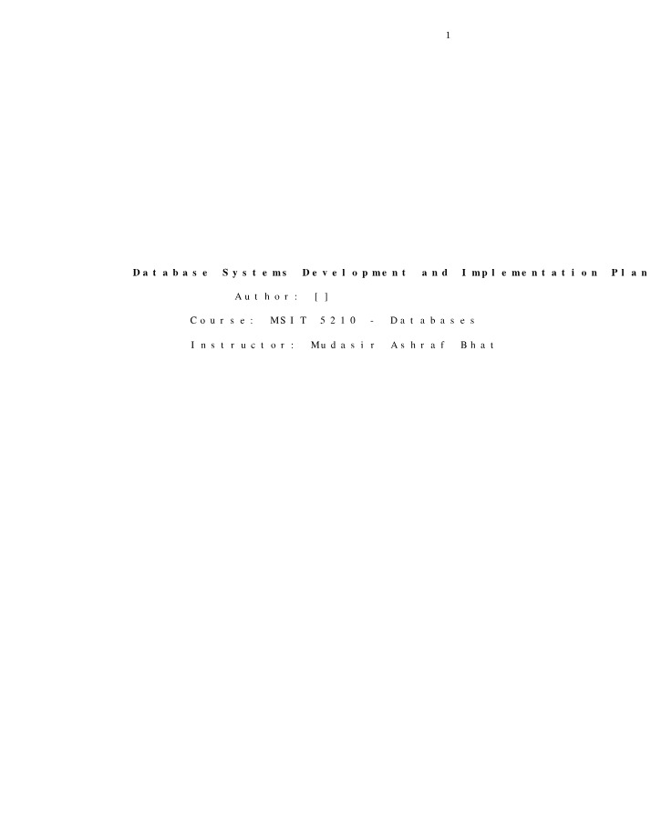 Database Systems Implementation Plan Version 1