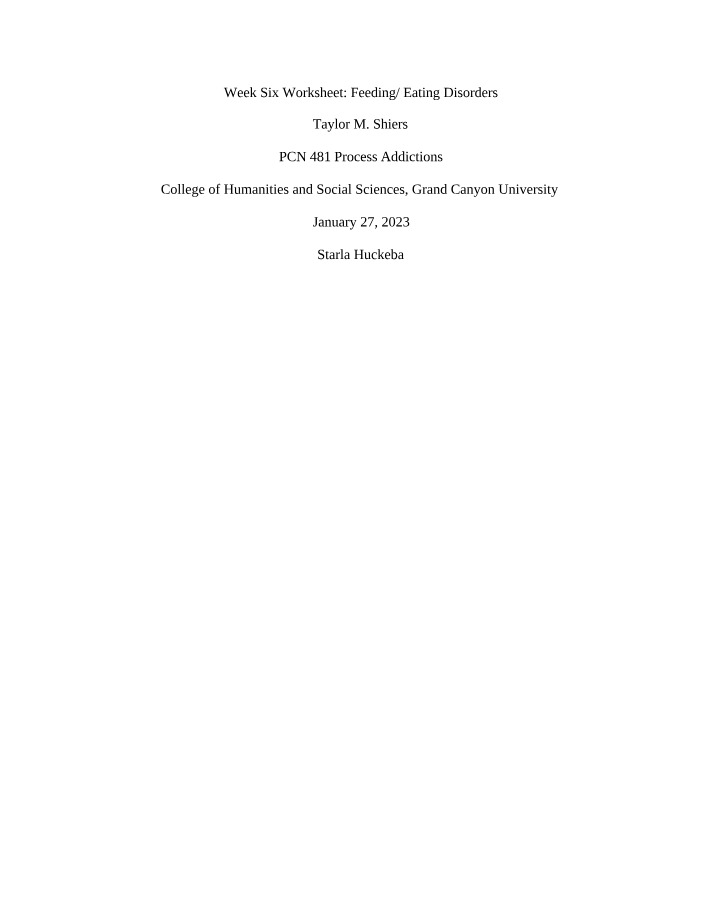 Worksheet on Feeding and Eating Disorders