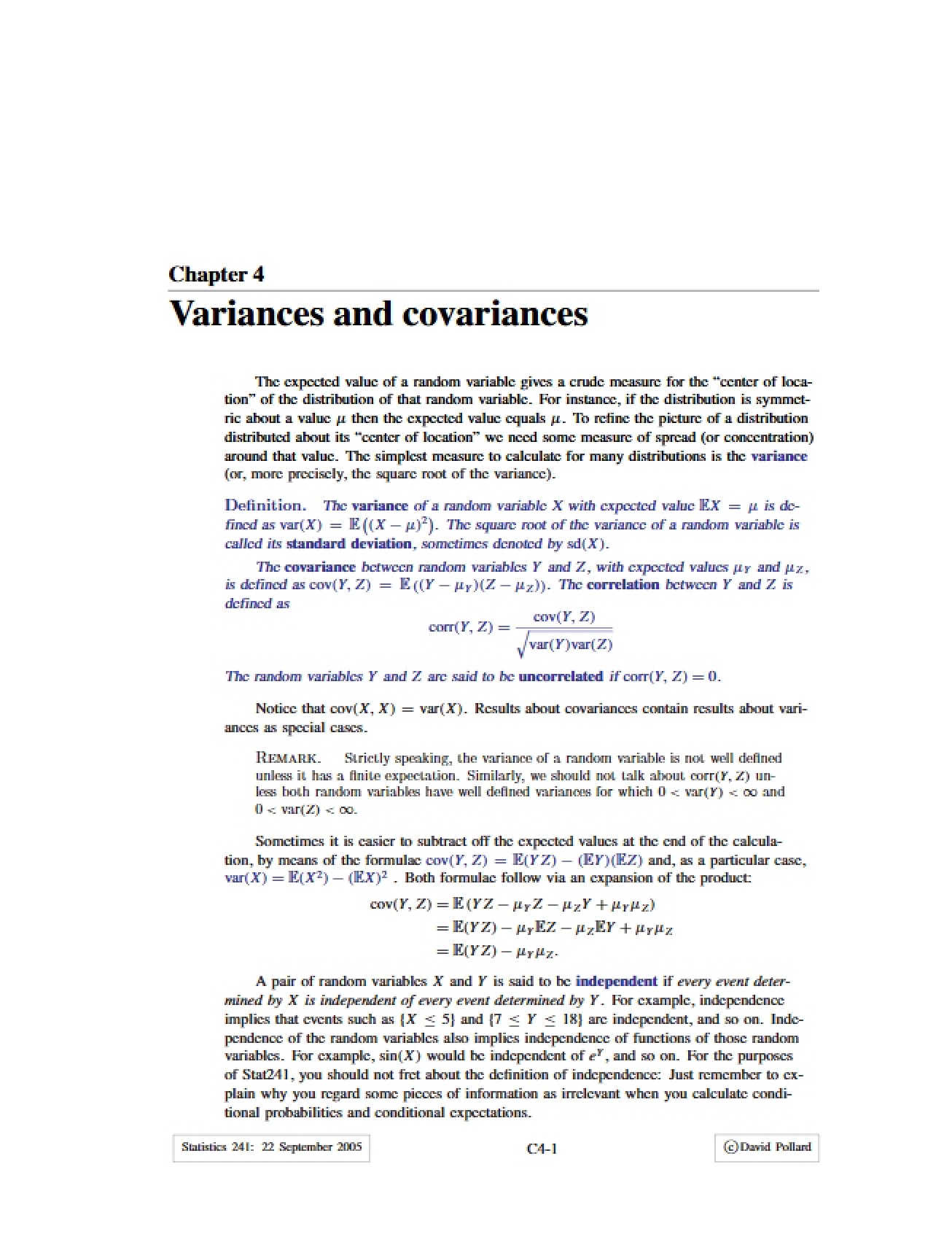 Covariances and Variances