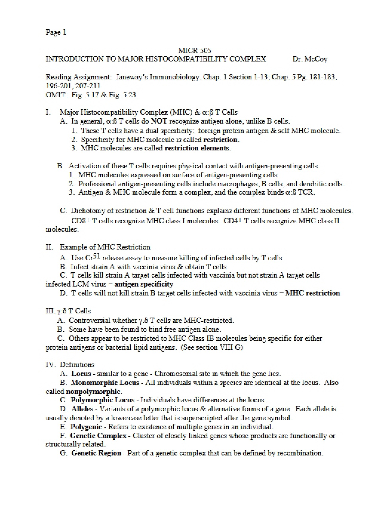 Outline Introduction to Histocompatibility Complex