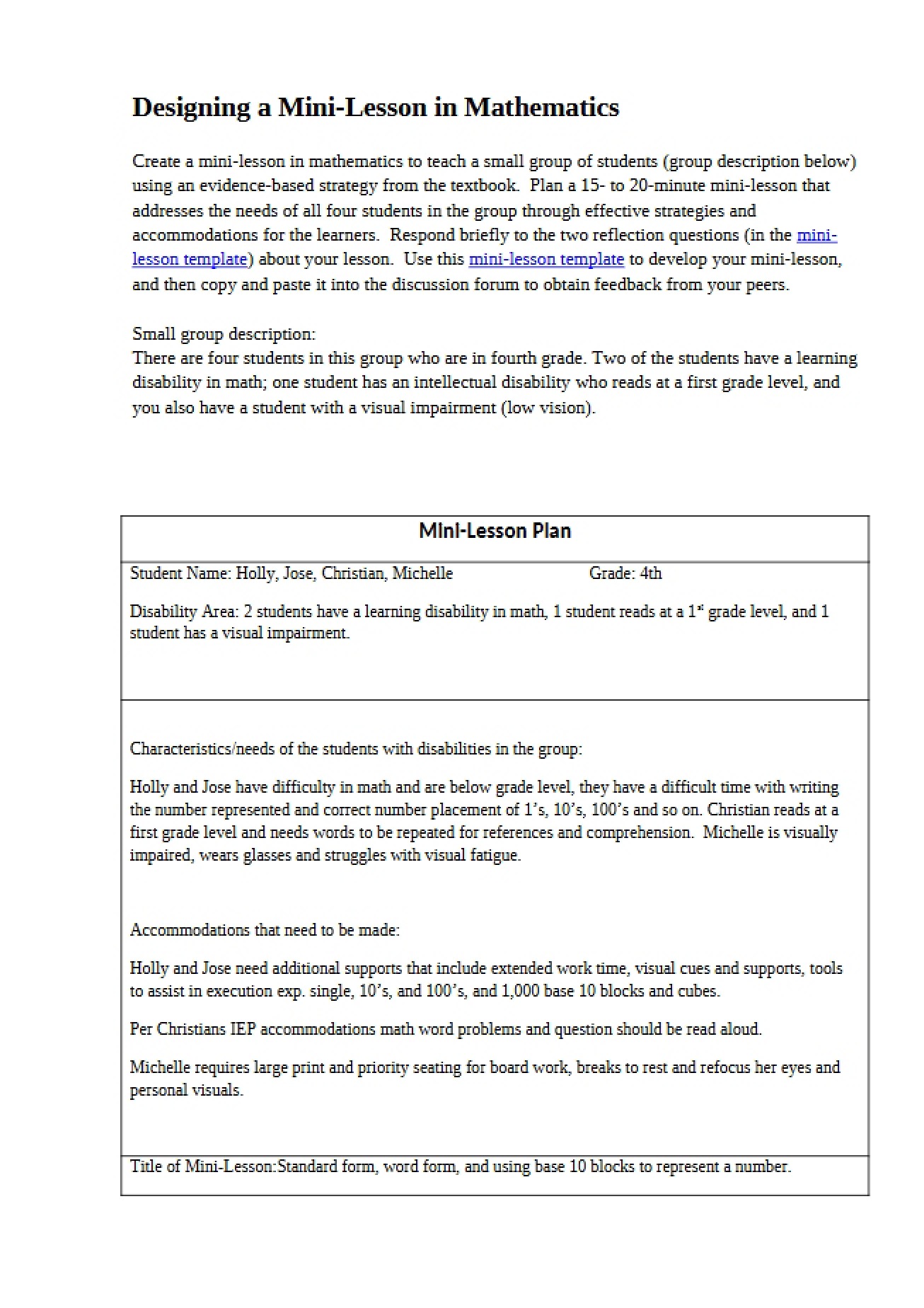 Mathematics Mini-Lesson Design