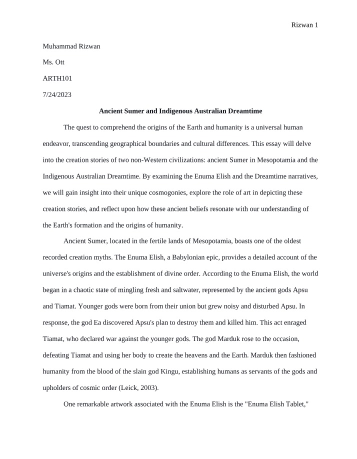 Ancient Sumer and Indigenous Australian Dreamtime - An Essay