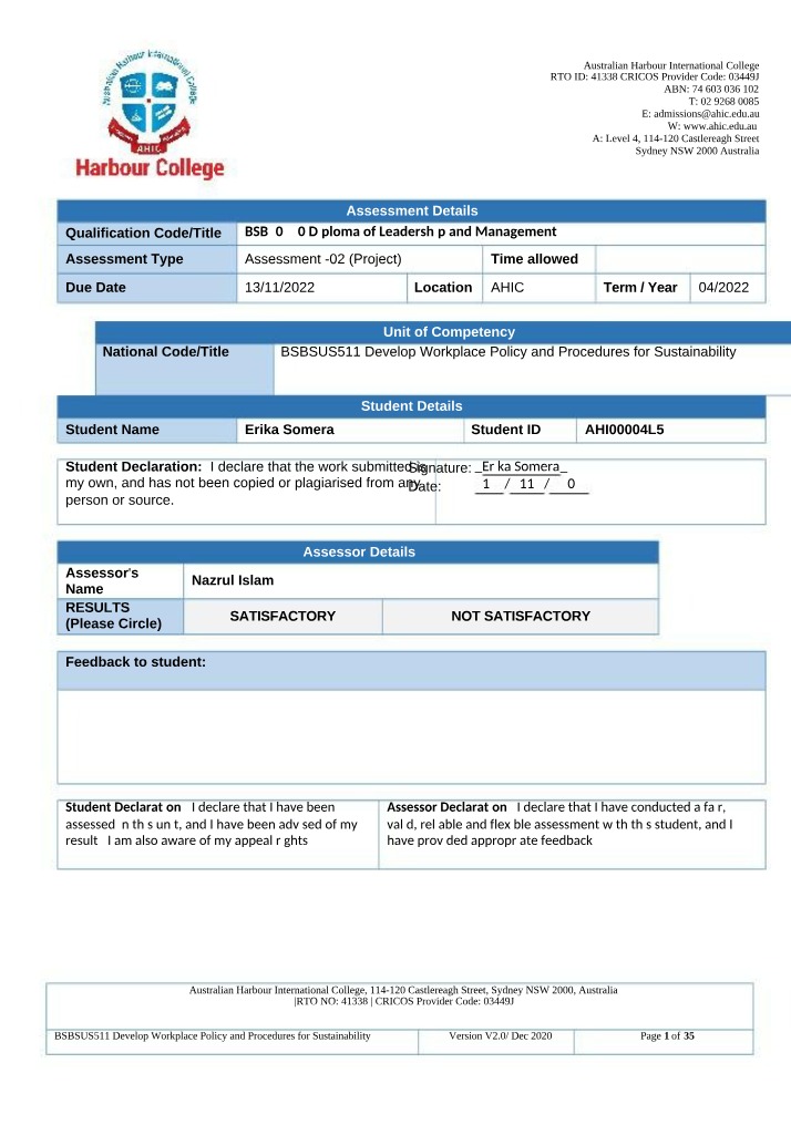 BSBSUS511 Assessment 2 AHI00004L5 Version