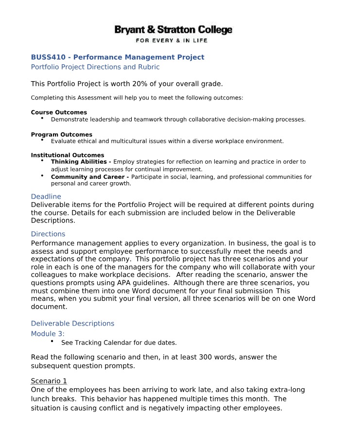 BUSS410 Performance Management Project - Rubric and Directions