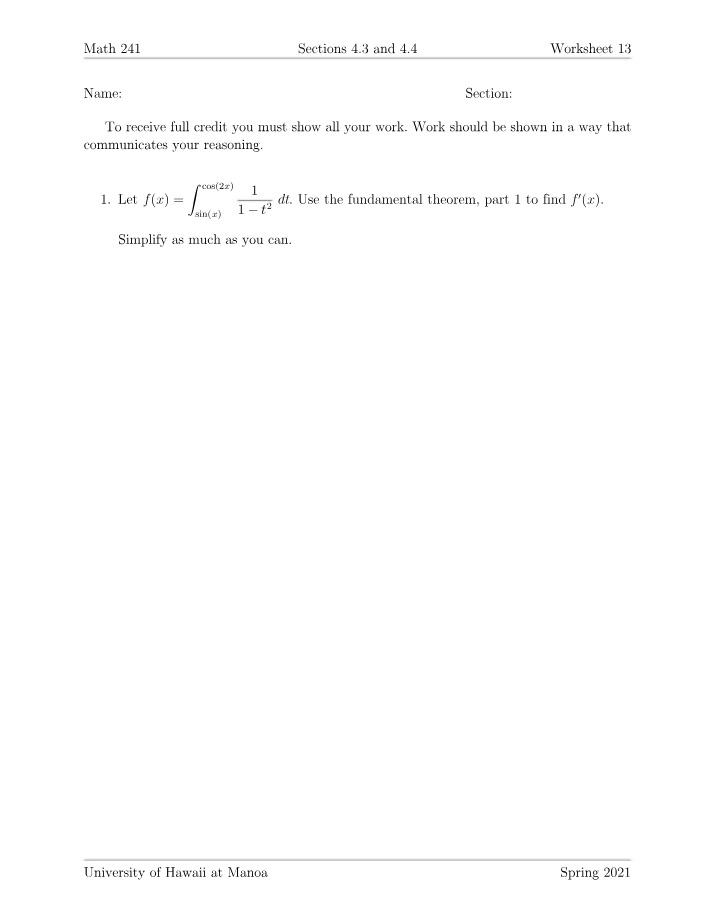 Worksheet 13 for Math 241