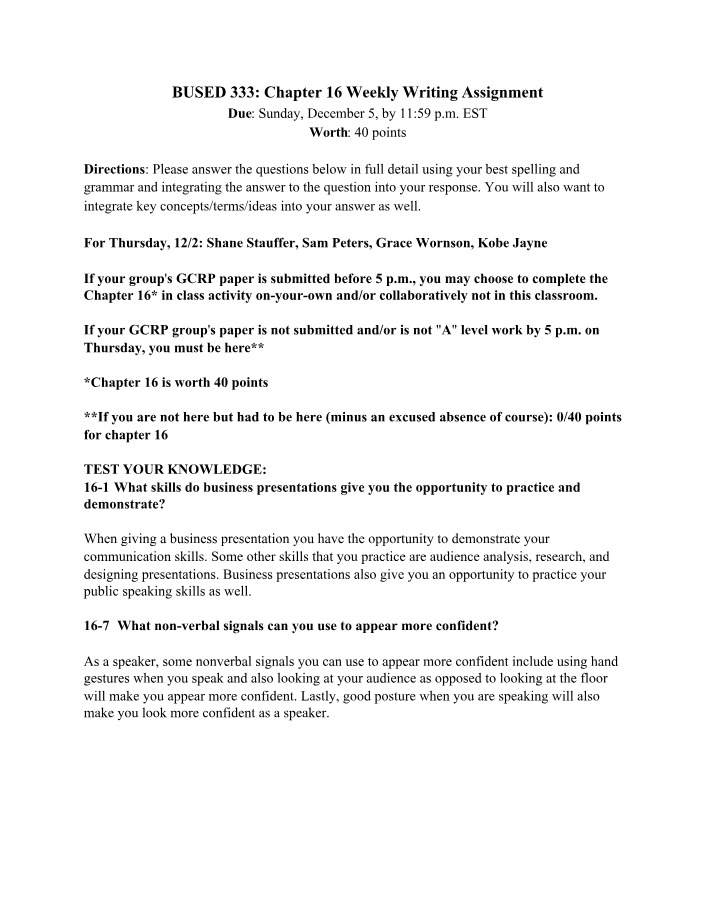 Weekly Writing Assignment - Chapter 16 (BUSED 333)