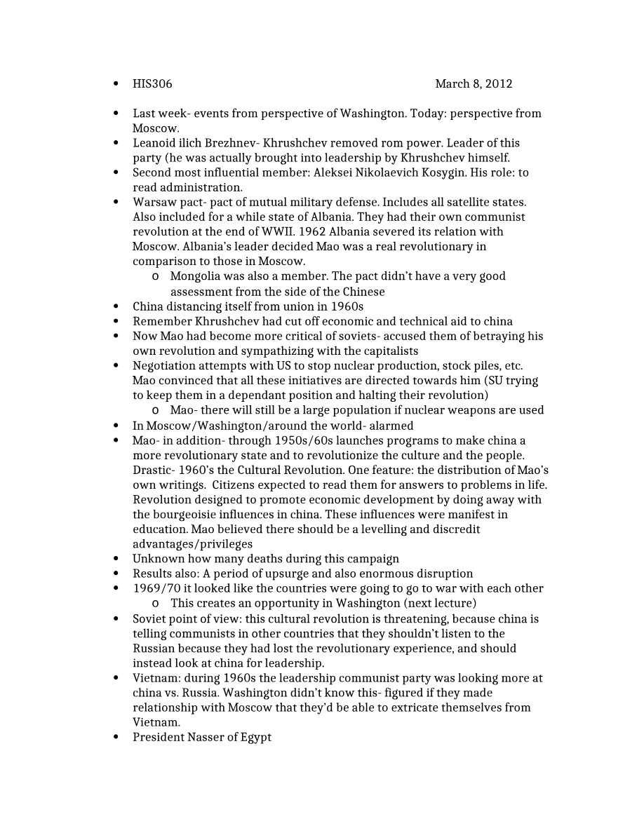 March 8, 2012 Lecture Notes - HIS306