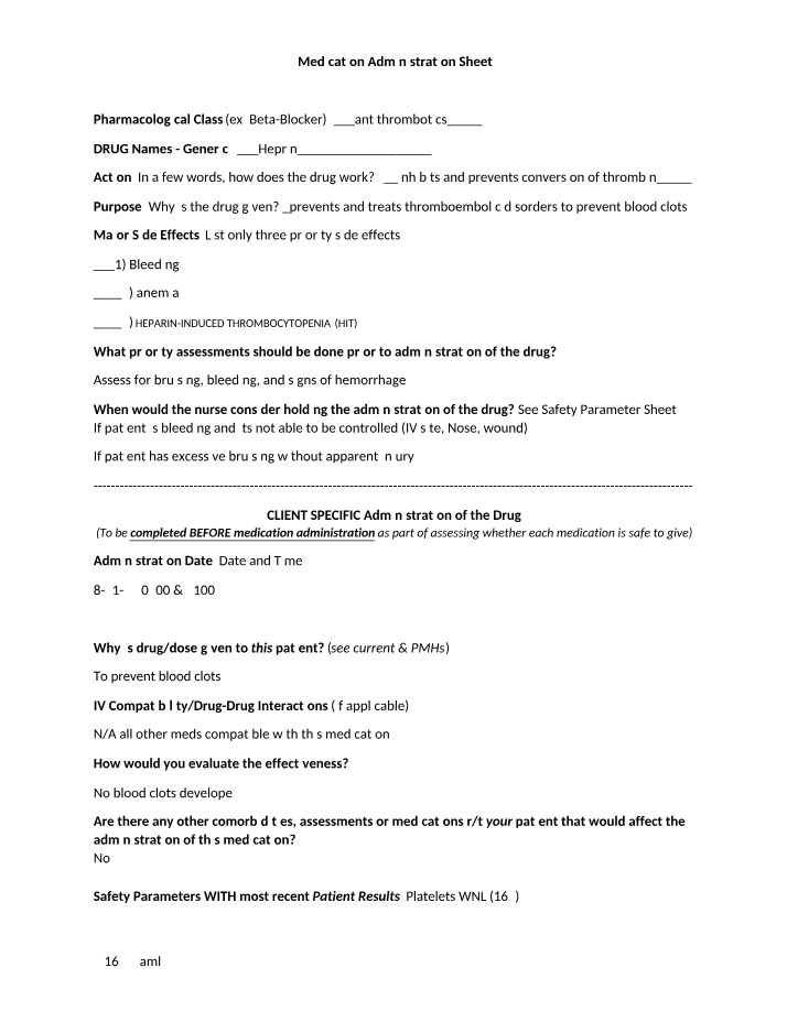 Medication Administration Sheet for Heparin