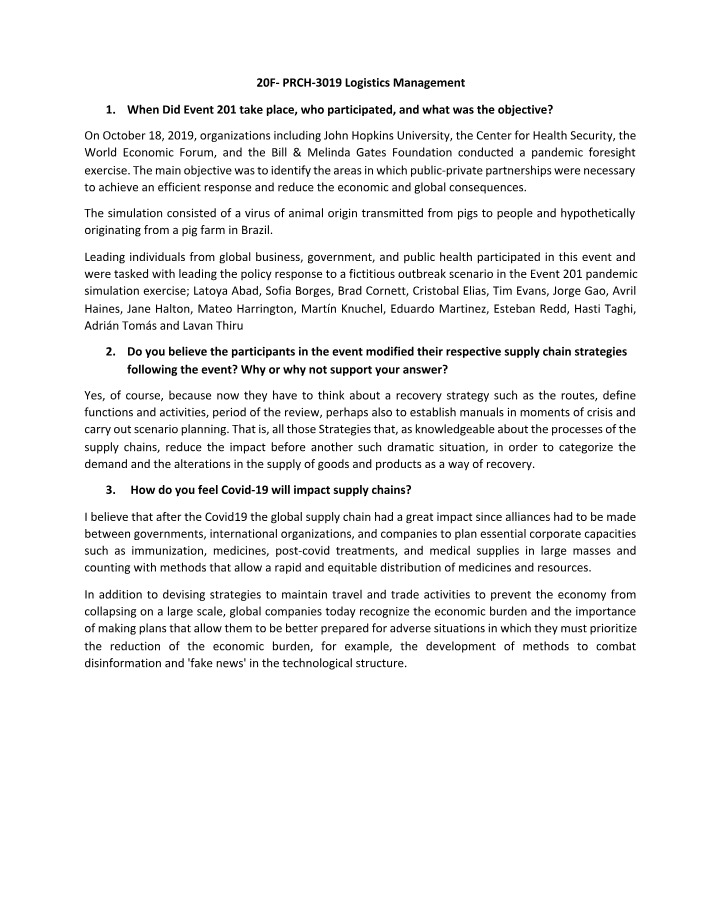 Event 201 - A Global Pandemic Foresight Exercise