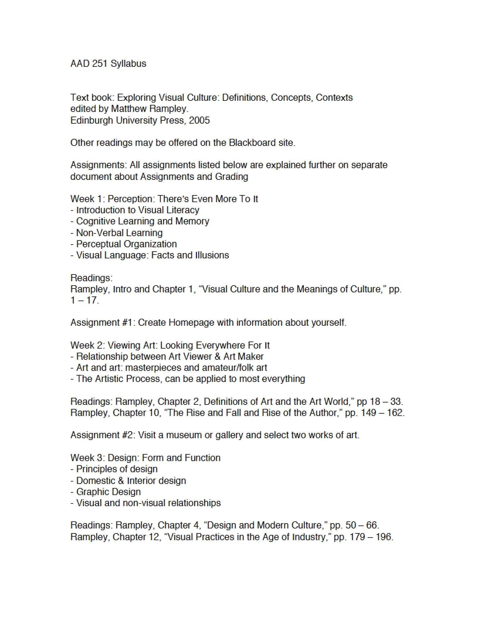 Syllabus Arts and Visual Literacy