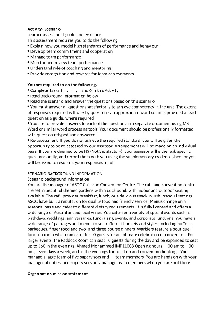 Assessment for ASOC Cafe and Convention Centre Management