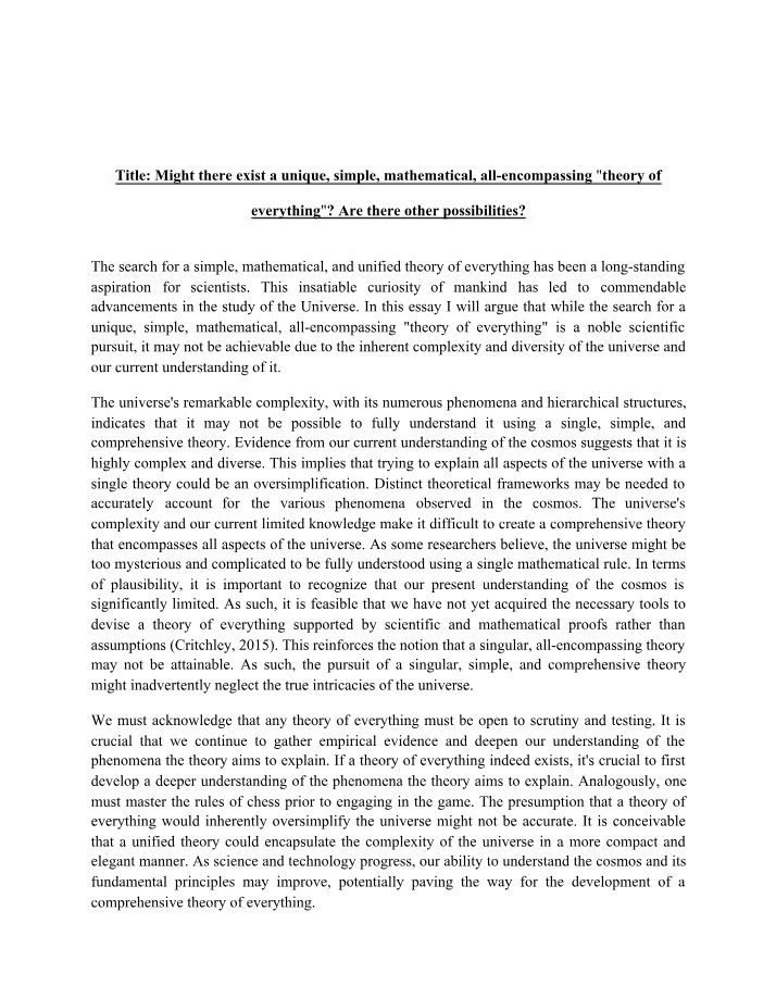 Unified Theory of Everything - The Quest