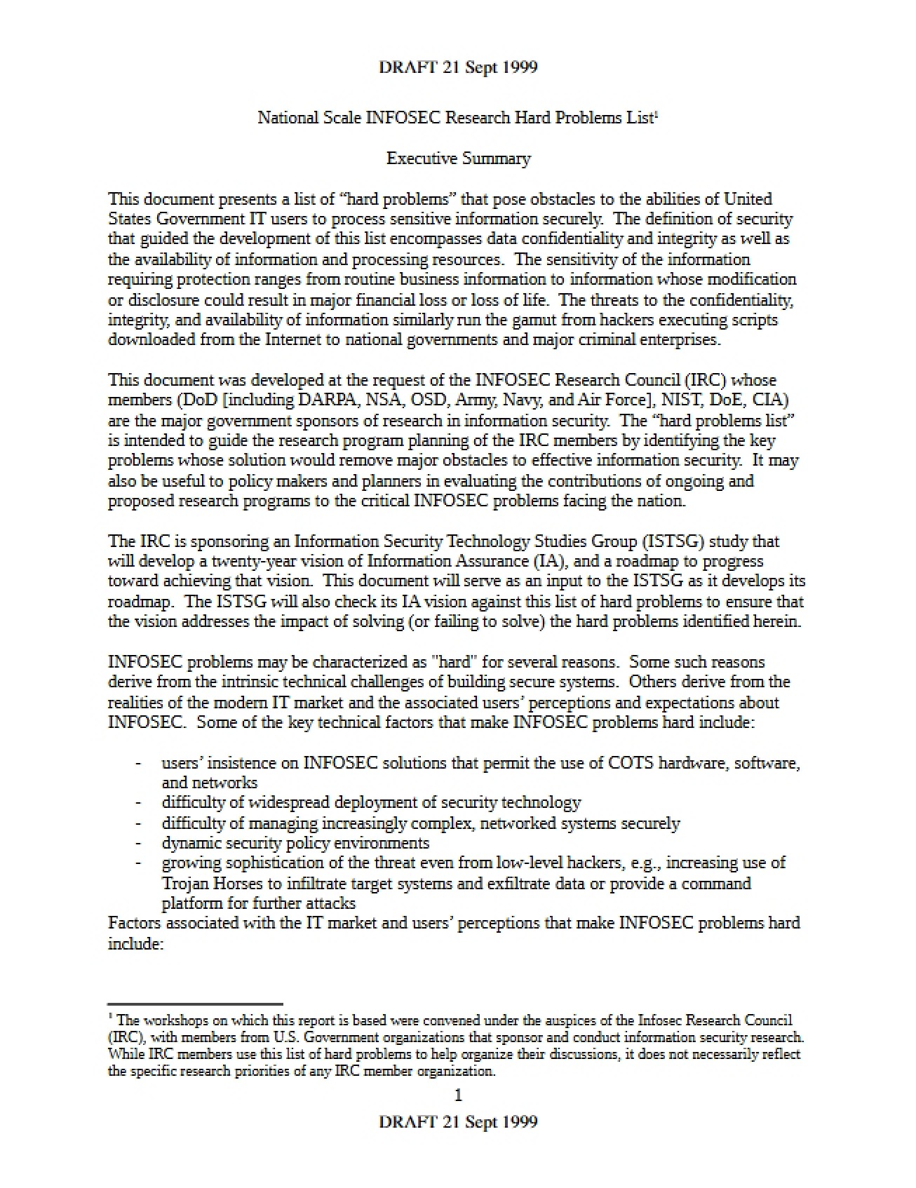 National Scale INFOSEC Research Hard Problems List