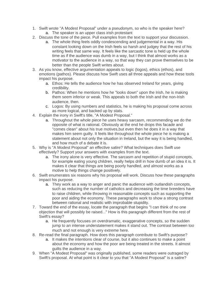 Questions and Answers for A Modest Proposal Analysis