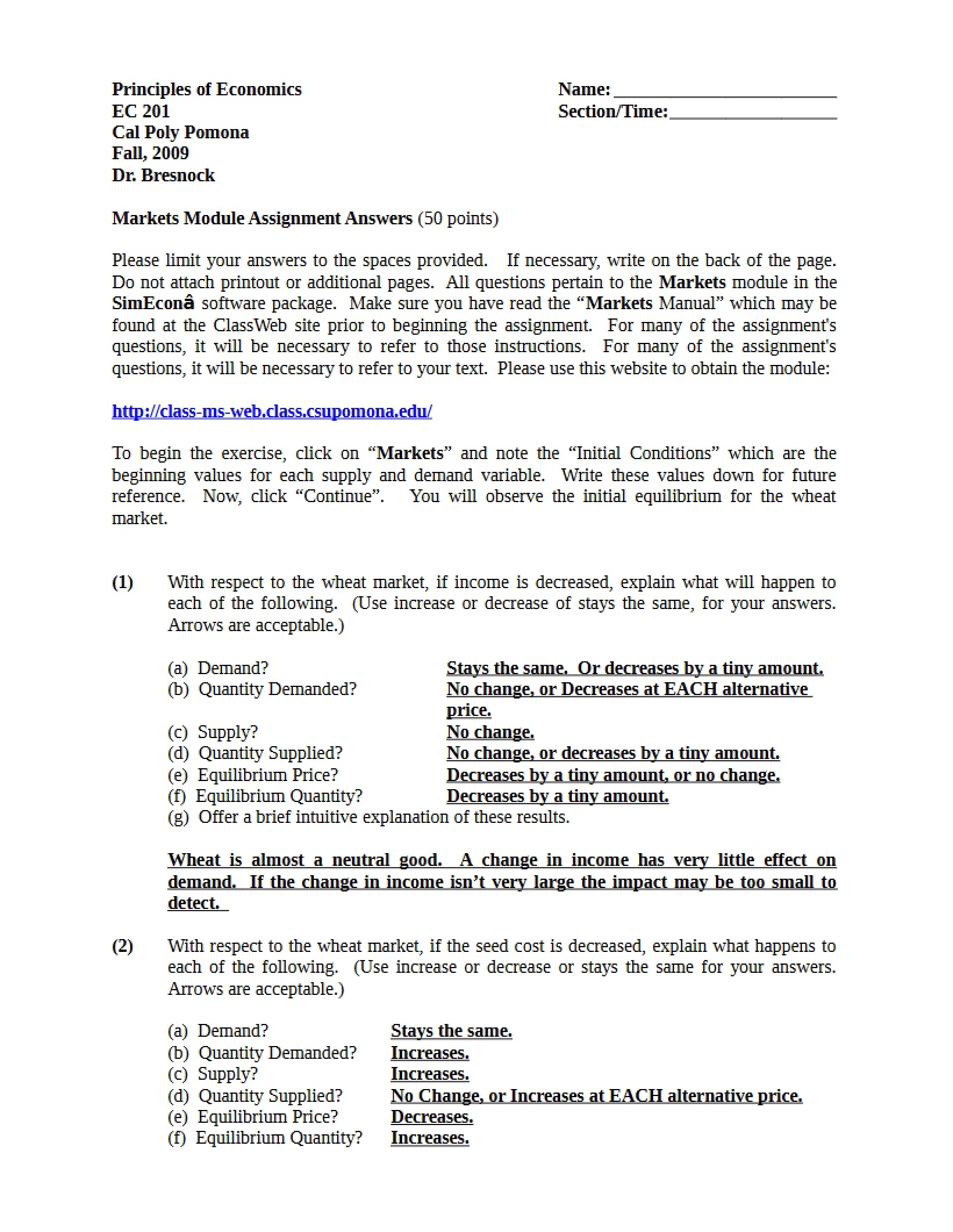 Assignment Answers for Markets Module