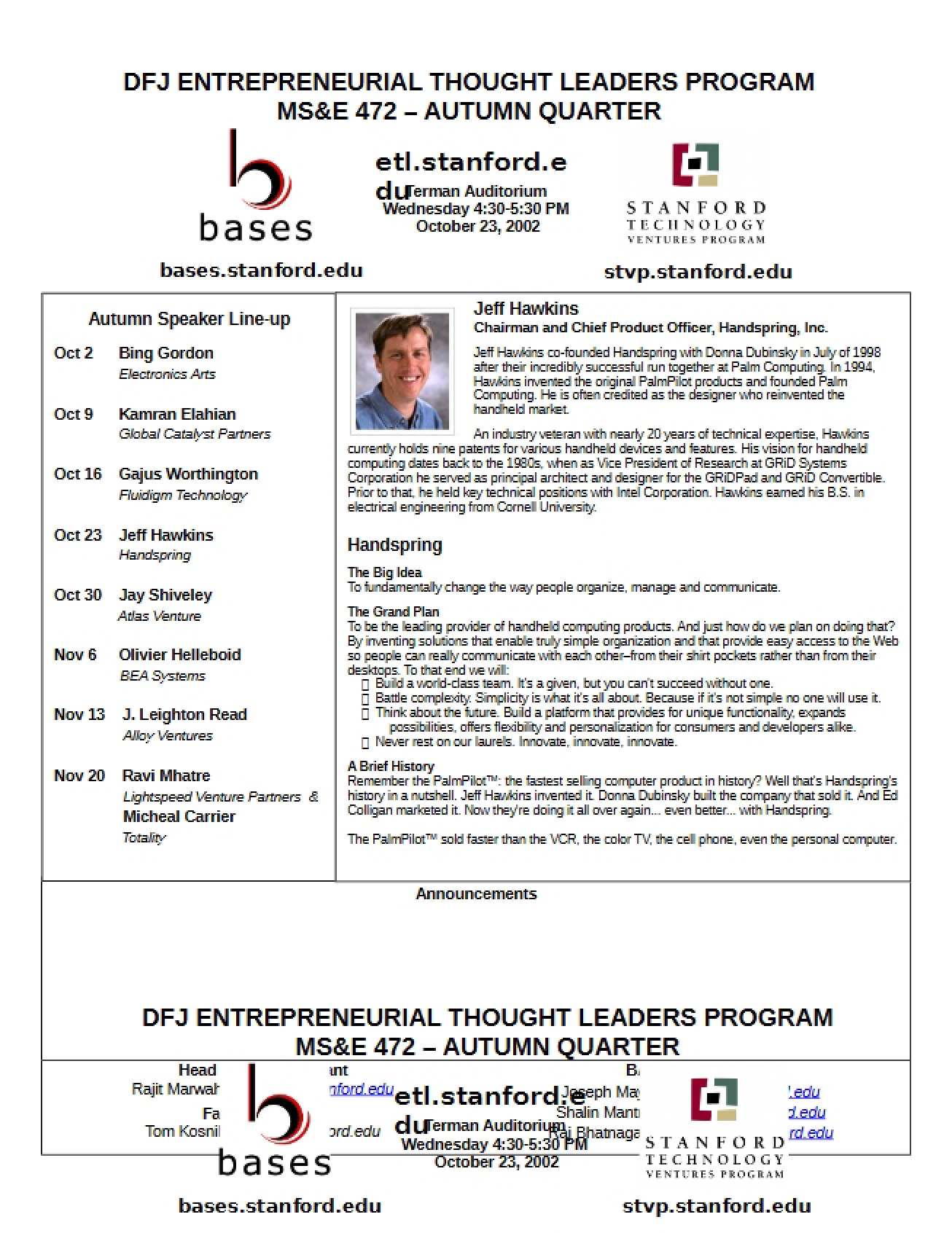 Handout for the Entrepreneurial Thought Leaders' Seminar