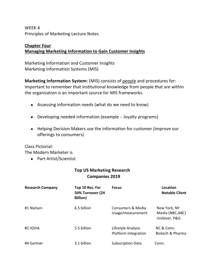 Principles of Marketing - Week 4 Lecture Notes