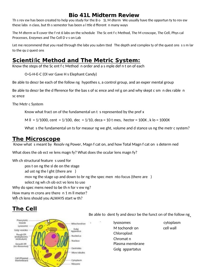Scientific Method, Microscope, and Cell - Bio 41L Midterm Review