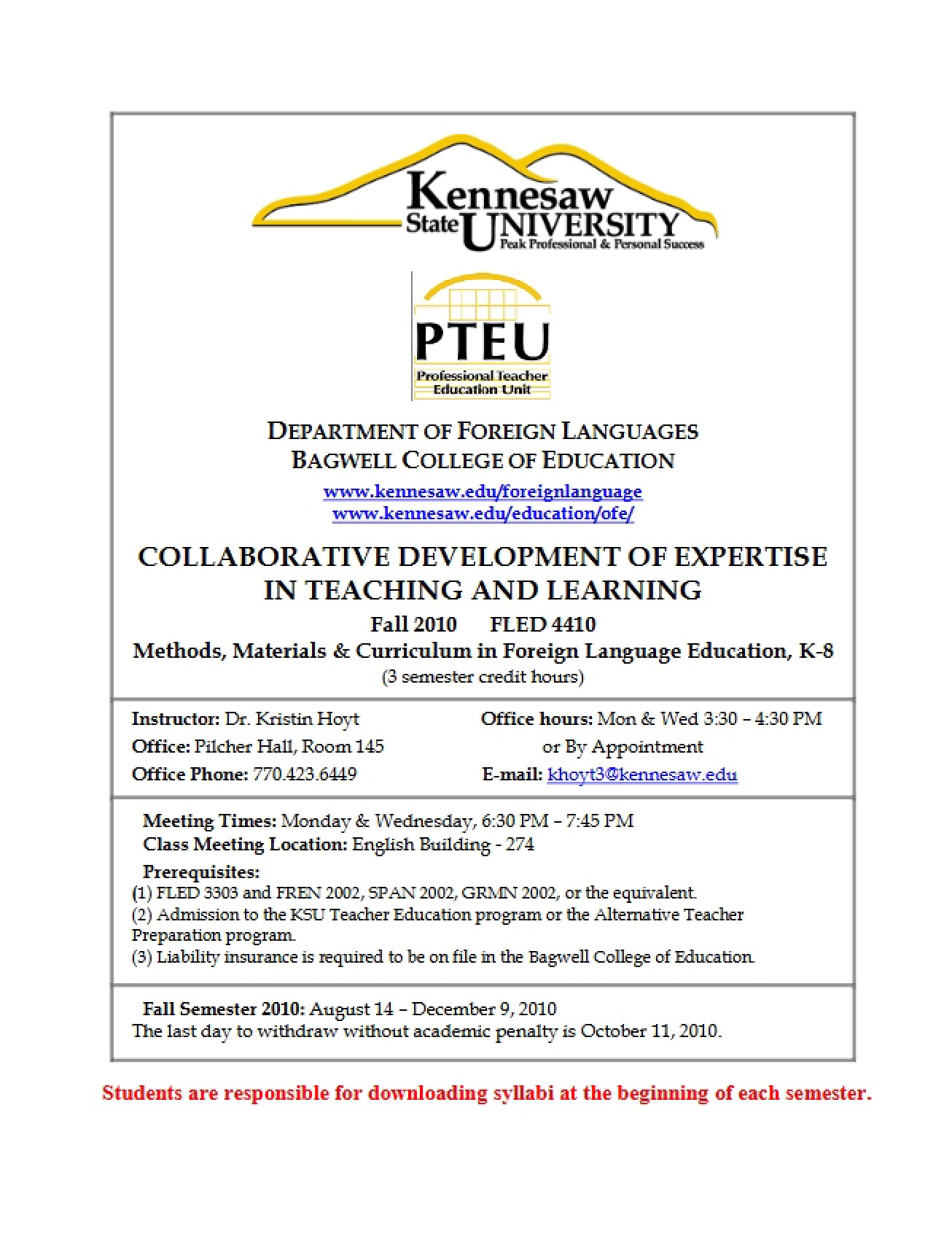 Course Outline for P-8 Foreign Language Education