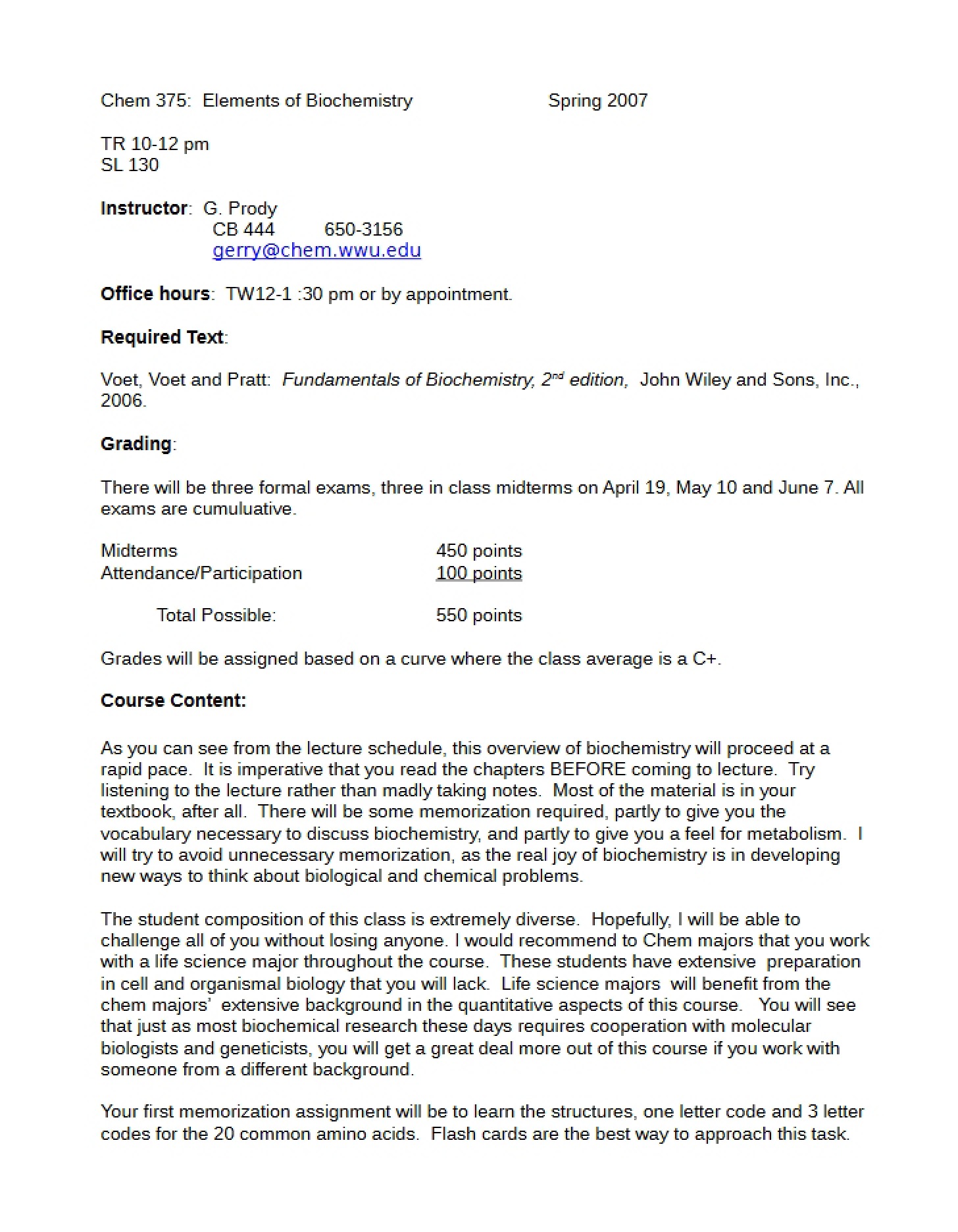 Course Syllabus - Elements of Biochemistry