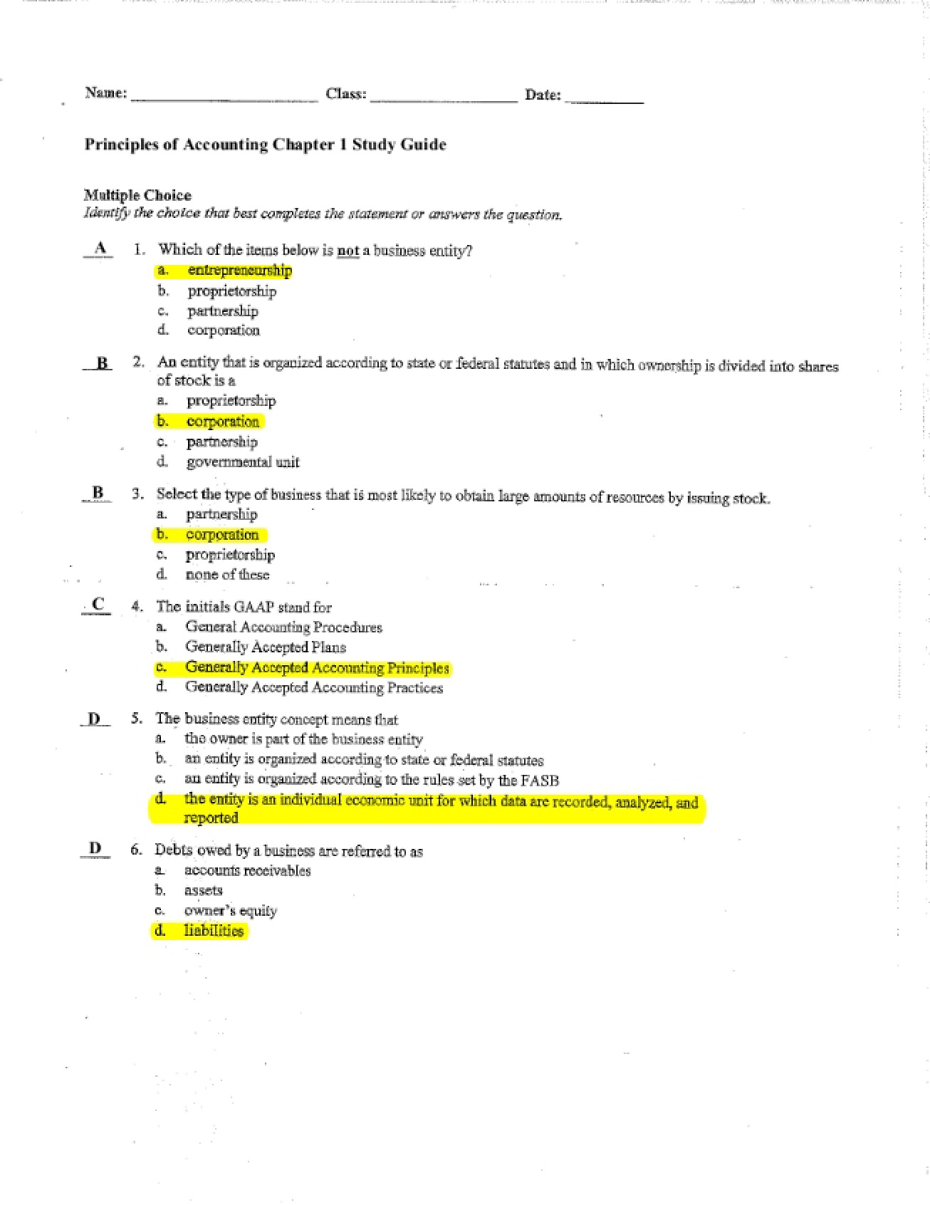 Chapter One An Introduction to the Principles of Accounting