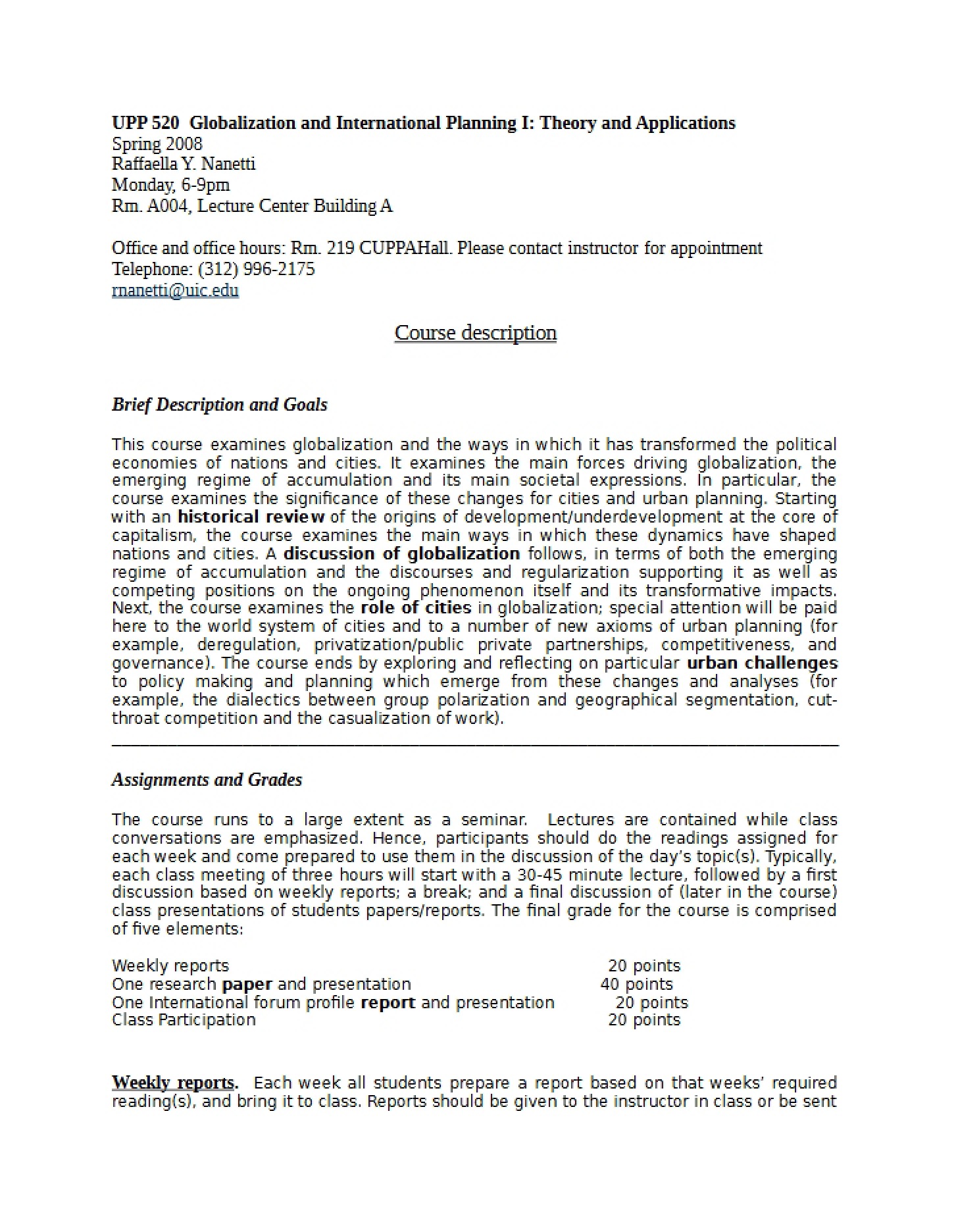International Planning and Globalization I