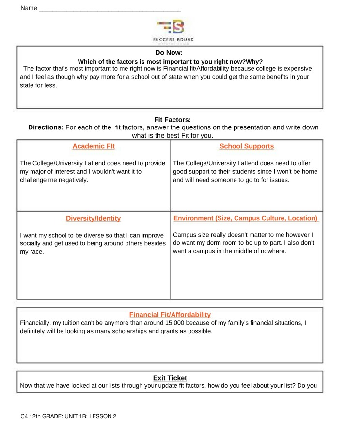 Worksheet on College Fit Factors
