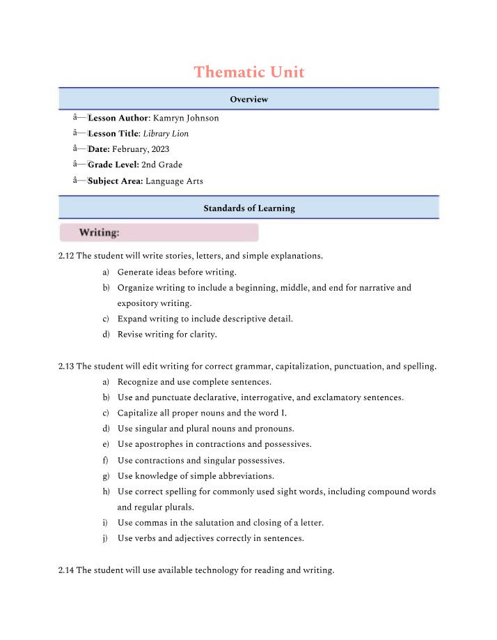 RAFT Writing and Friendship Thematic Unit