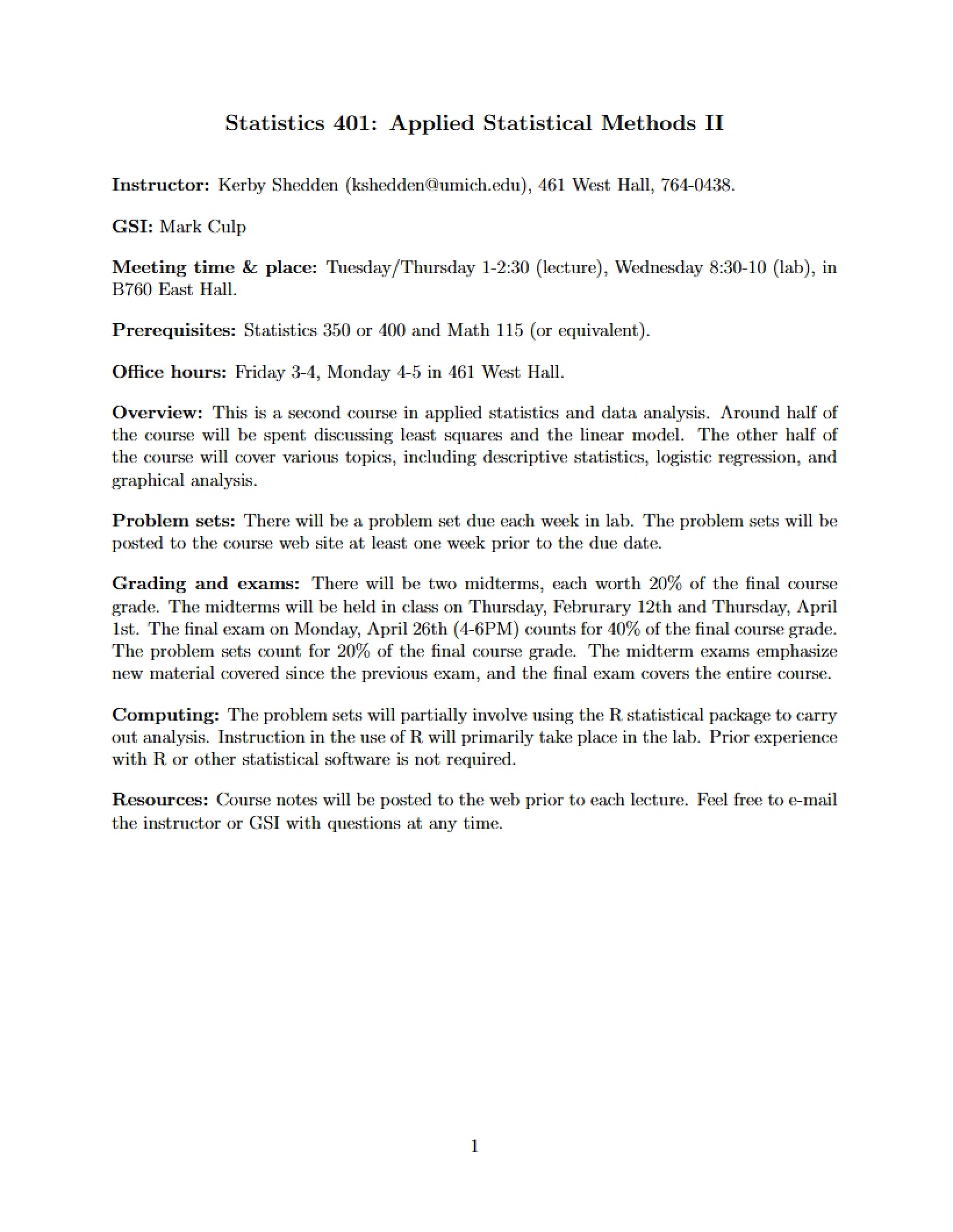 Course Outline for Applied Statistical Methods