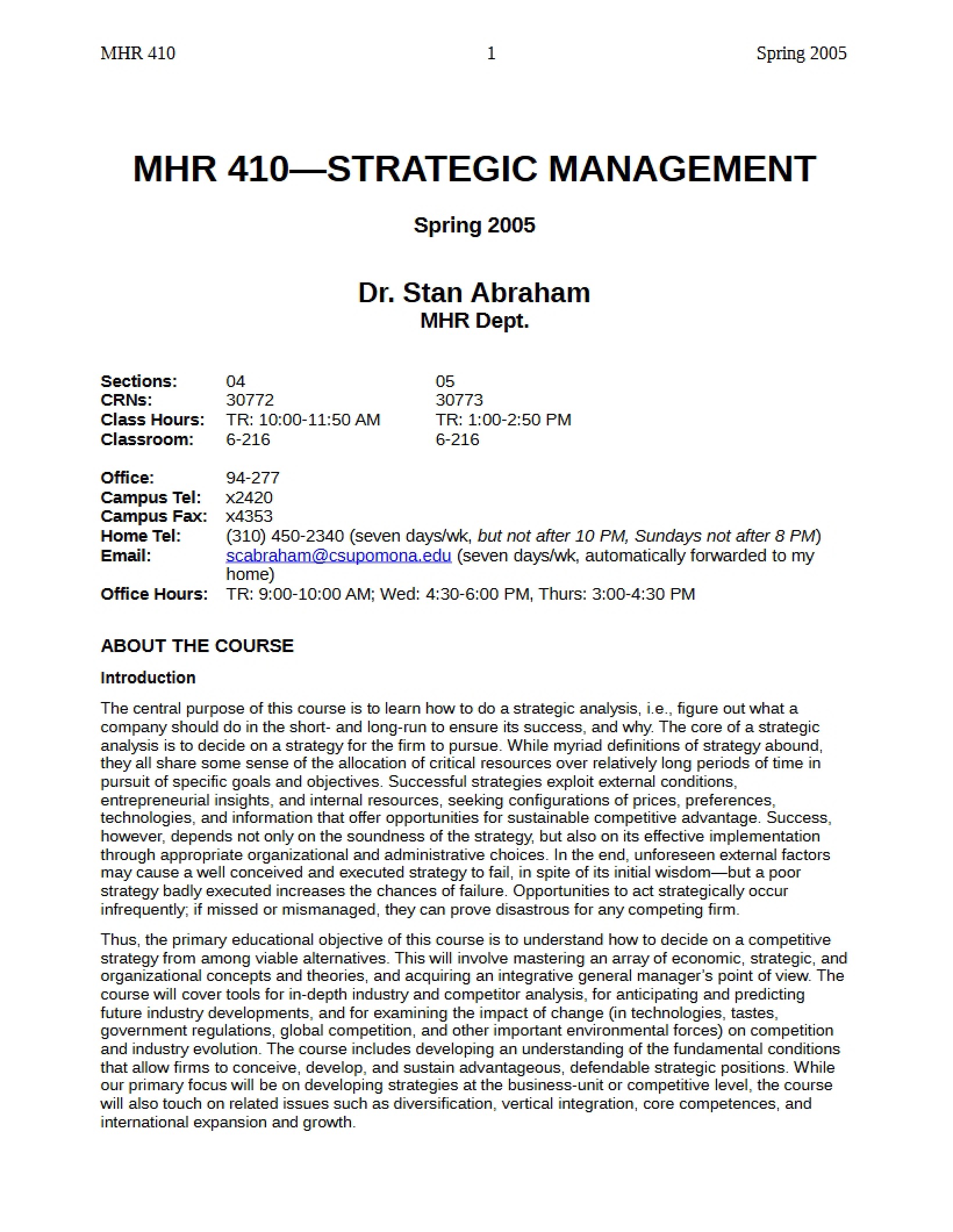 Strategic Management Course Outline