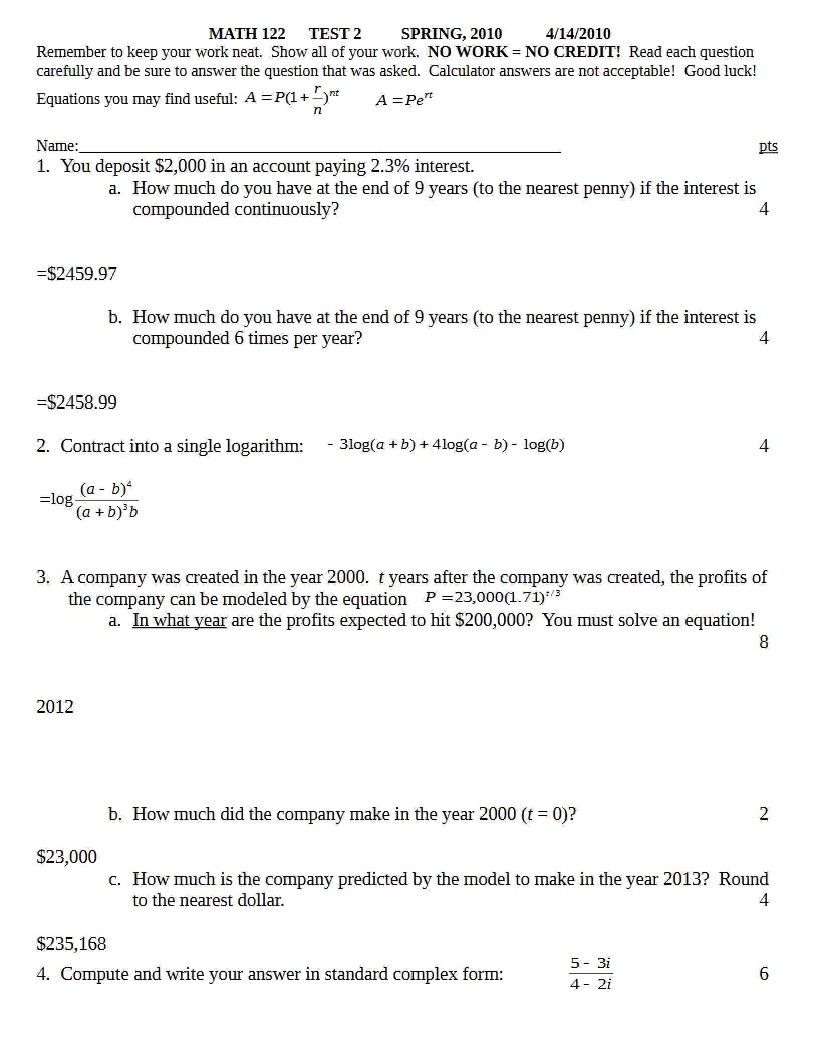 Second Test Math 122