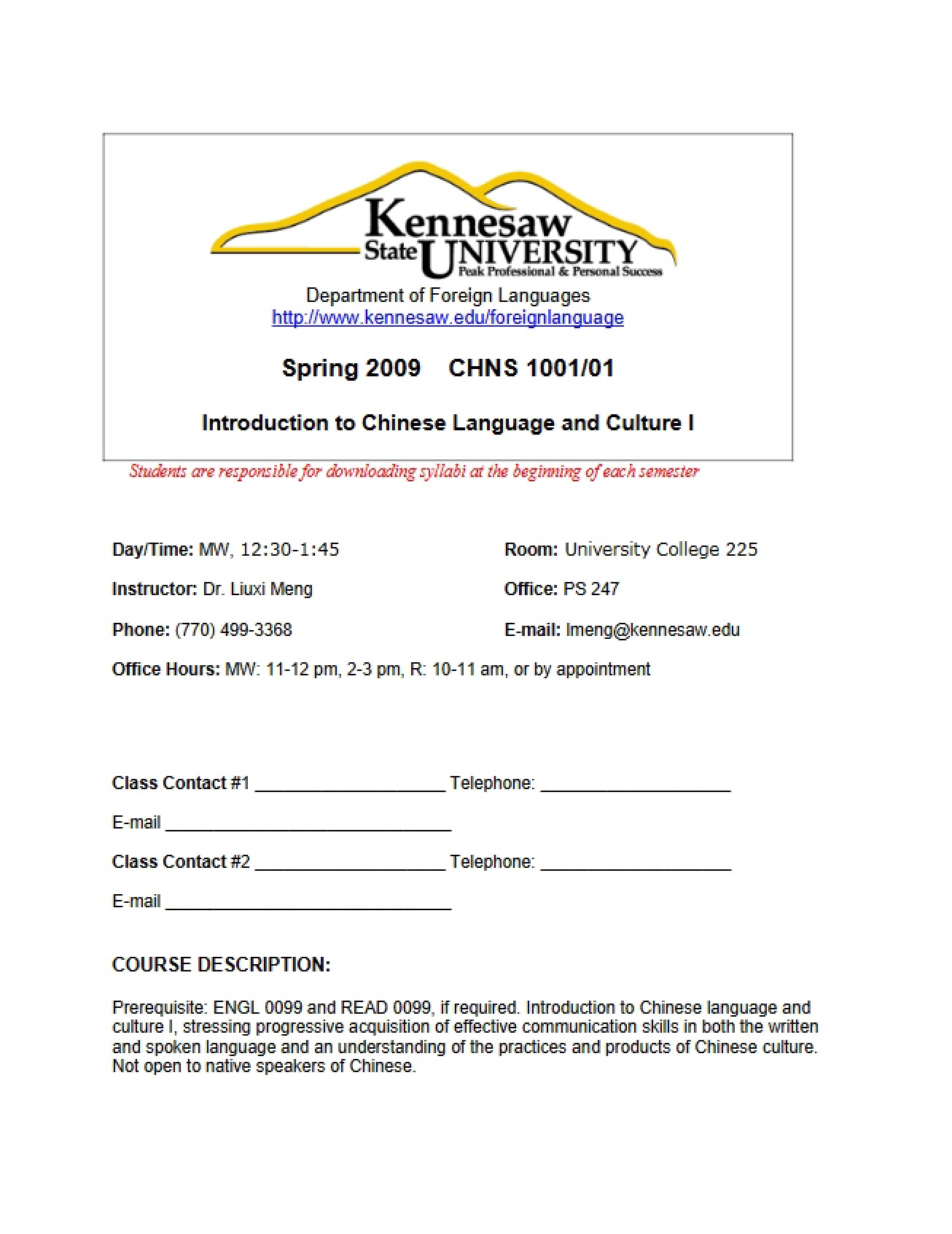 Course Syllabus for a Course on Introduction to Chinese Language and Culture