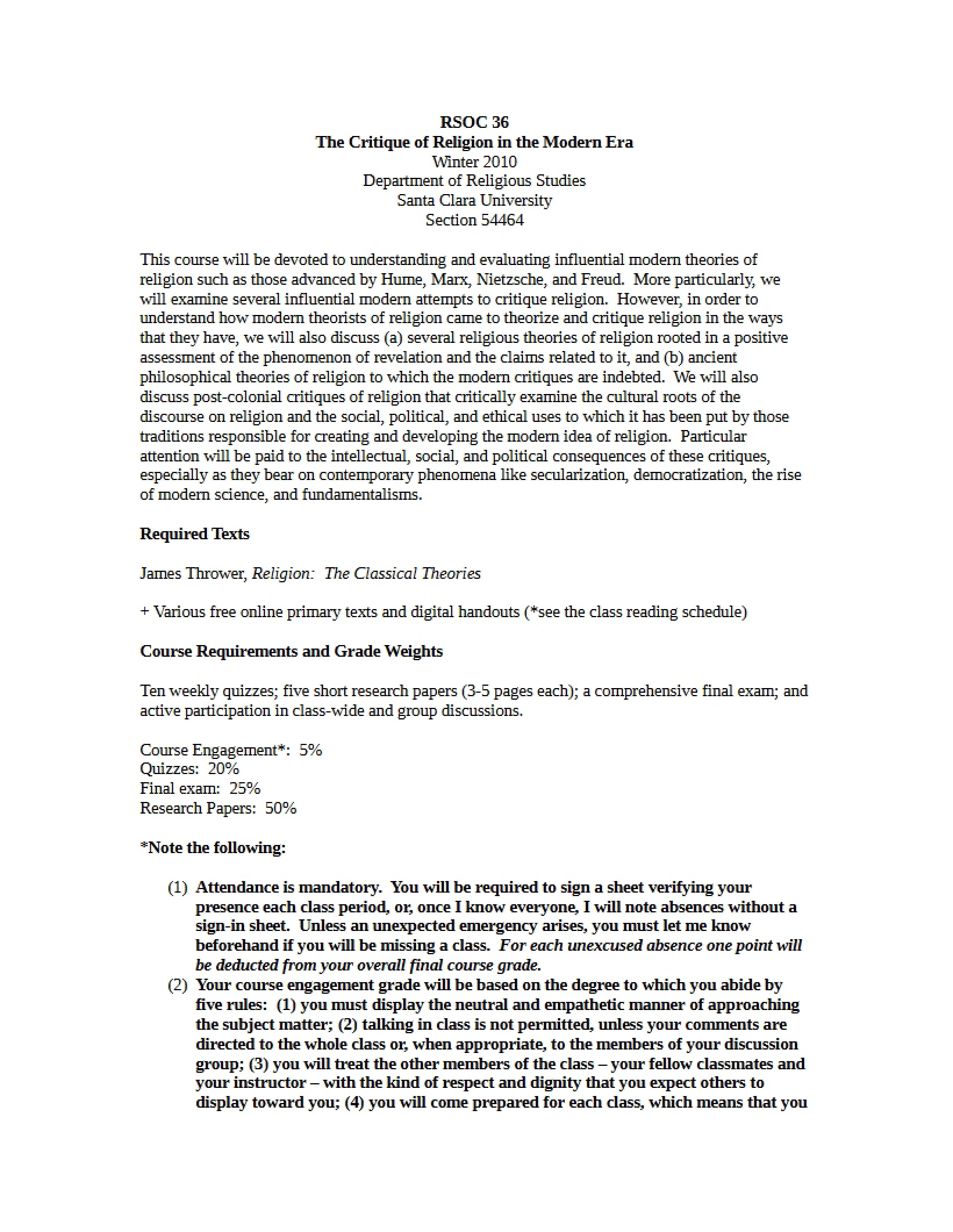 Critique of Religion Syllabus