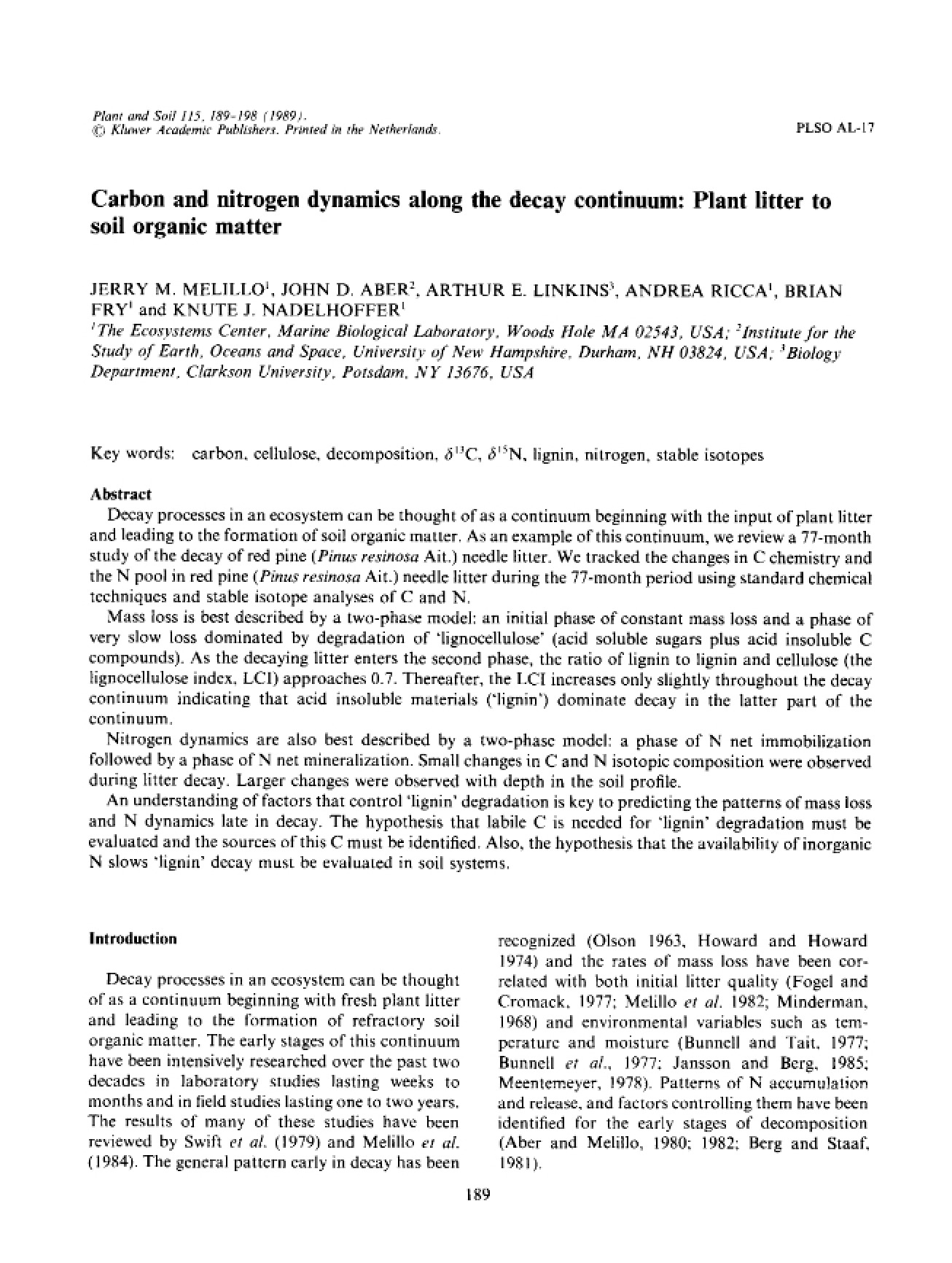 Dynamics of Nitrogen and Carbon