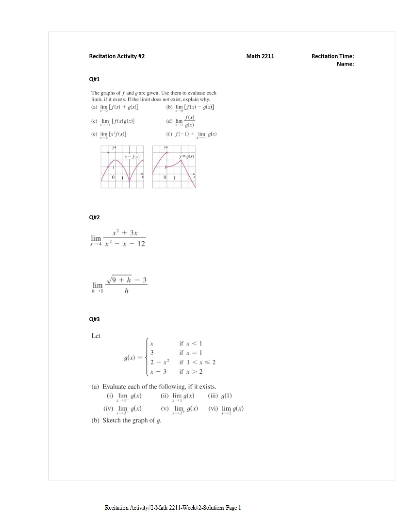 Calculus Recitation Activity