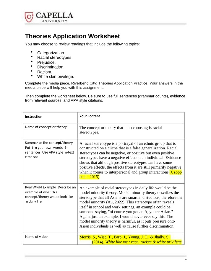 Theories Application Worksheet Part 1