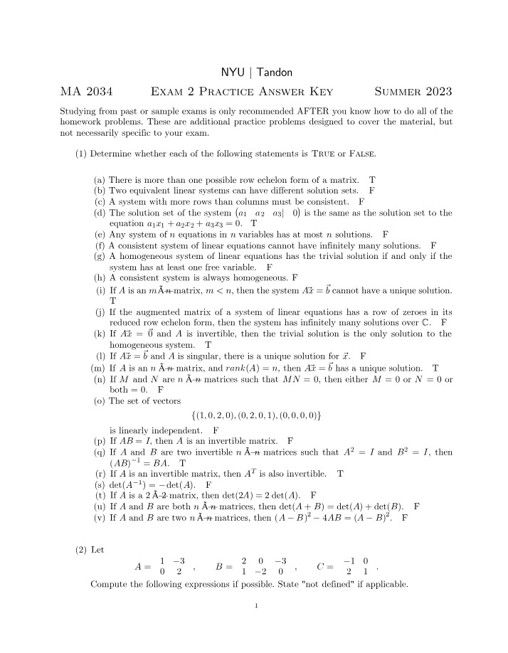 MA2034 Practice Exam 2 - Summer 2023